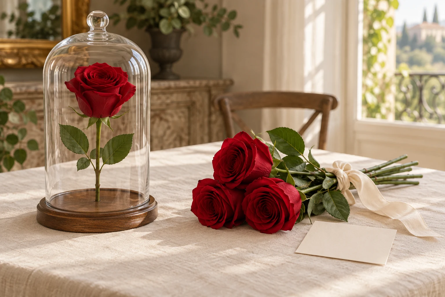 Une rose rouge sous cloche à côté de trois roses rouges nouées et d’une carte vierge