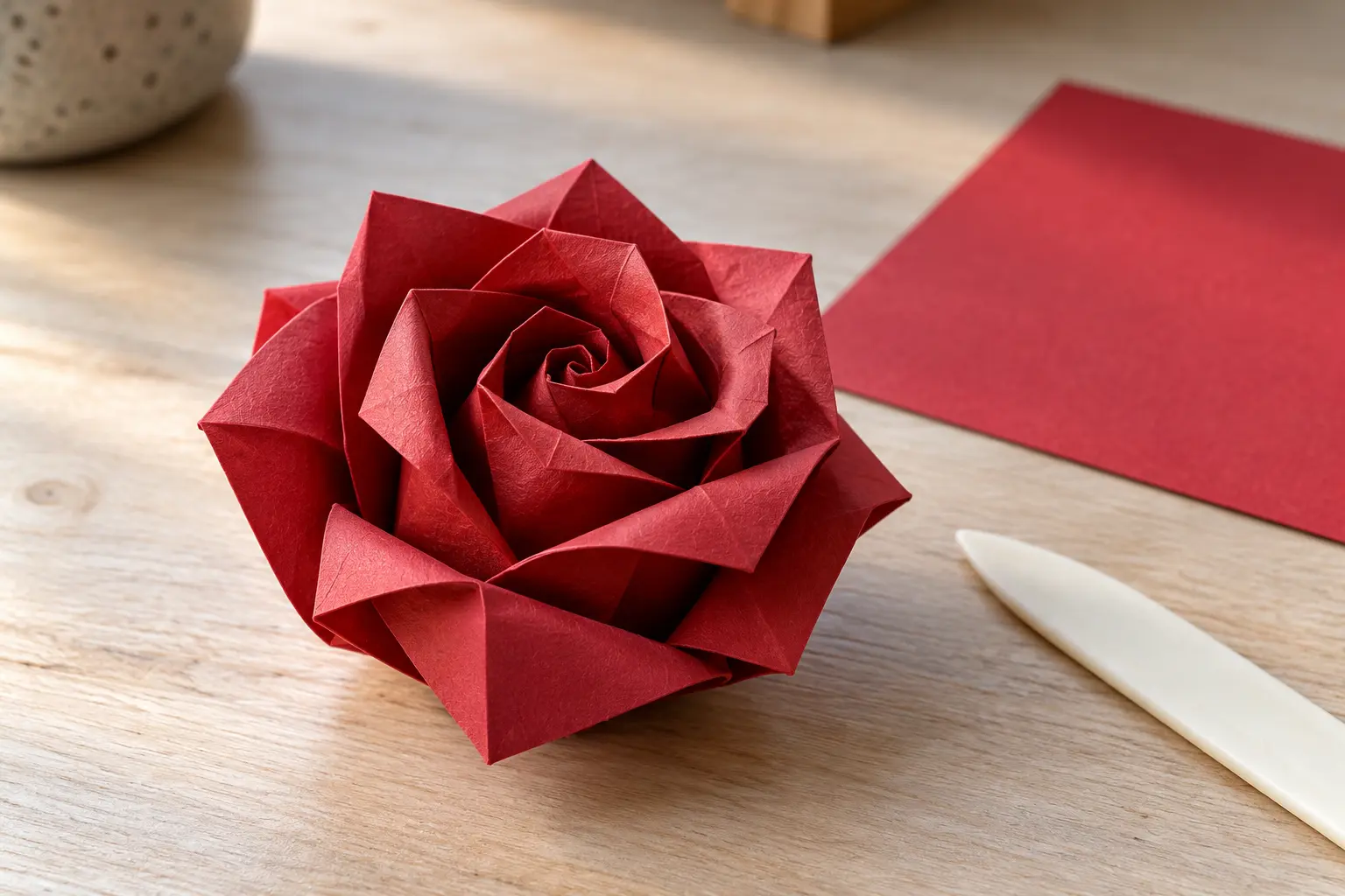 Rose rouge en origami 3D aux plis nets posée près d un carré de papier