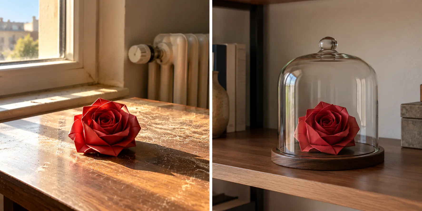Comparaison entre une rose en papier exposée au soleil et une rose protégée sous cloche