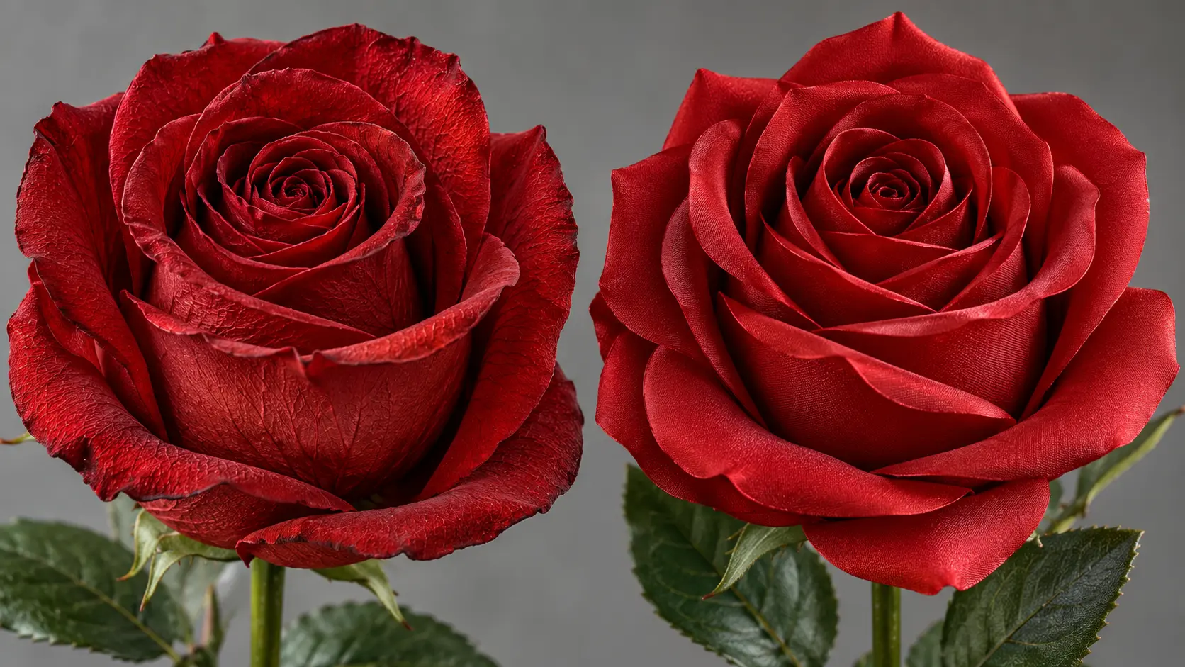 Gros plan comparatif des pétales d’une rose stabilisée et d’une rose artificielle