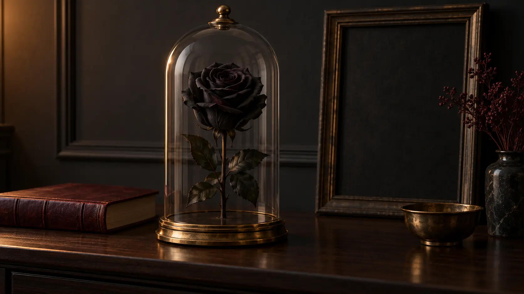 Rose noire sous cloche éclairée de côté sur une console en bois sombre