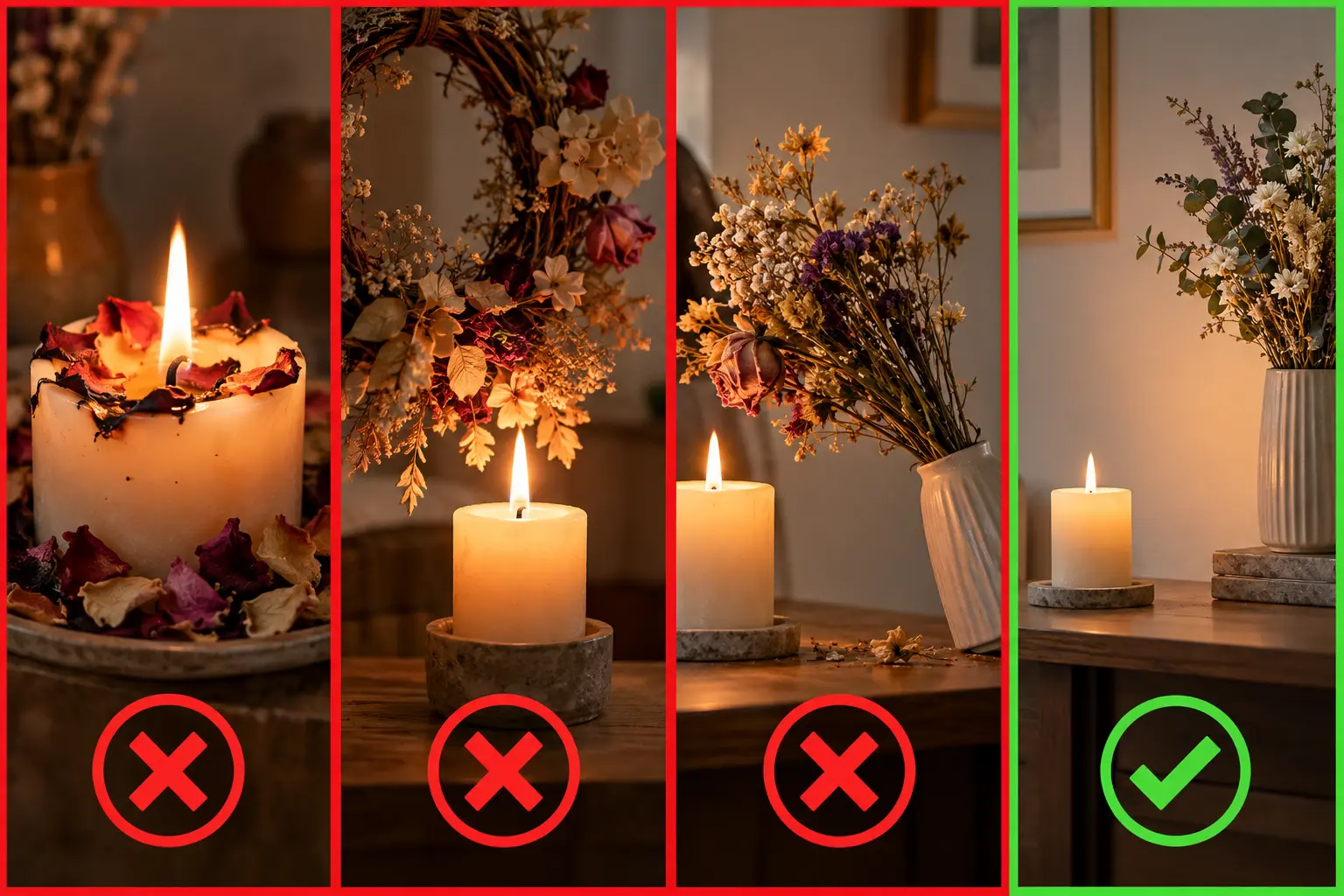 Trois placements dangereux de fleurs séchées et une installation séparée