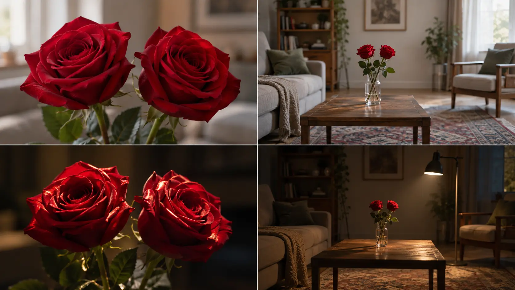 Roses stabilisée et artificielle comparées de près et à distance sous deux éclairages