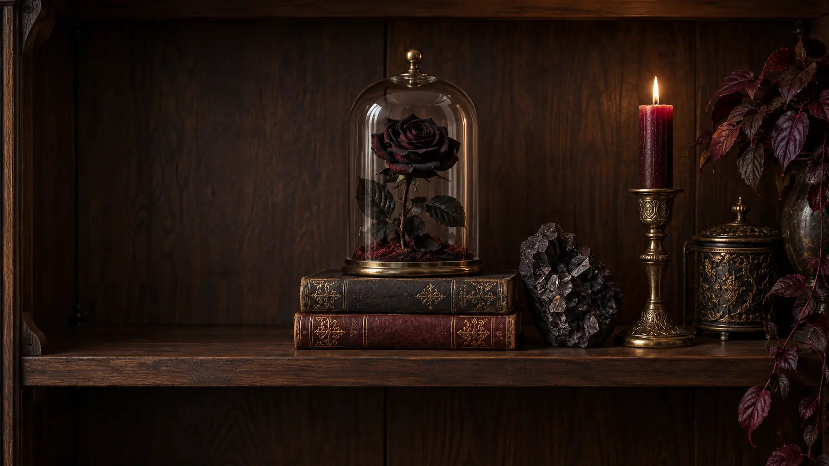 Schéma de placement d'une rose noire, de livres et d'une pierre sur une tablette