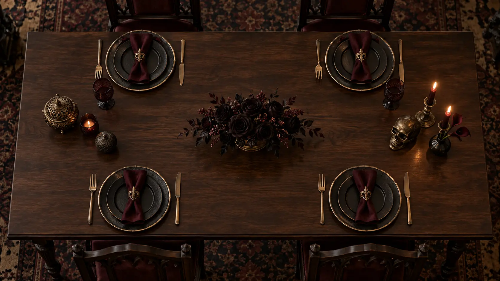 Plan vu du dessus d'un centre de table gothique bas autour d'une rose noire