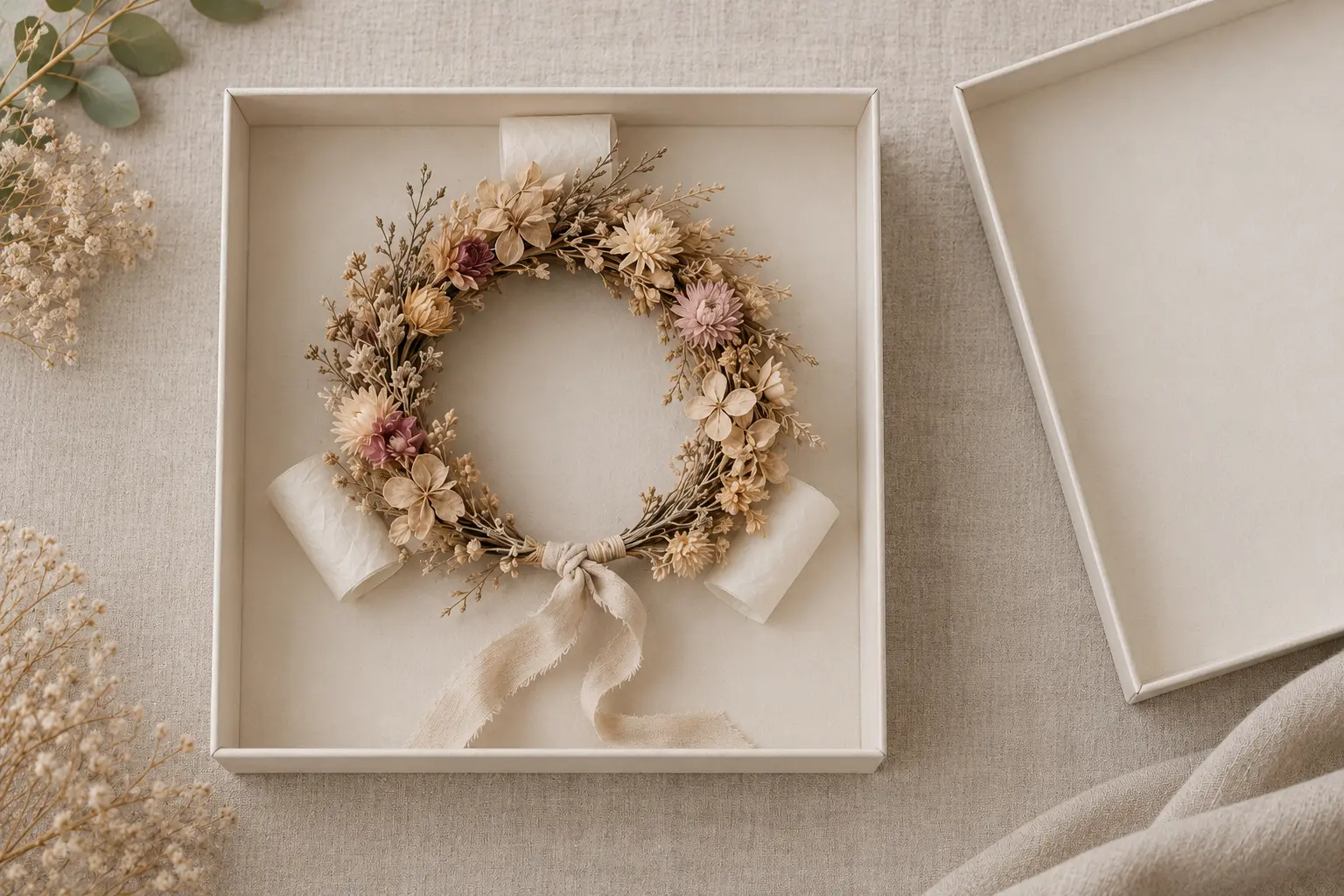 Couronne de fleurs posée à plat dans une boîte rigide, soutenue sous sa base par du papier de soie.