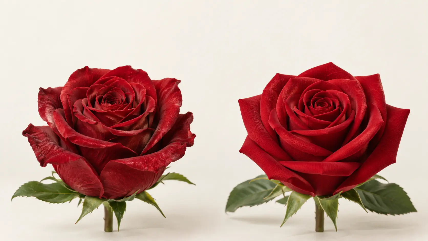 Rose stabilisée et rose artificielle présentées côte à côte