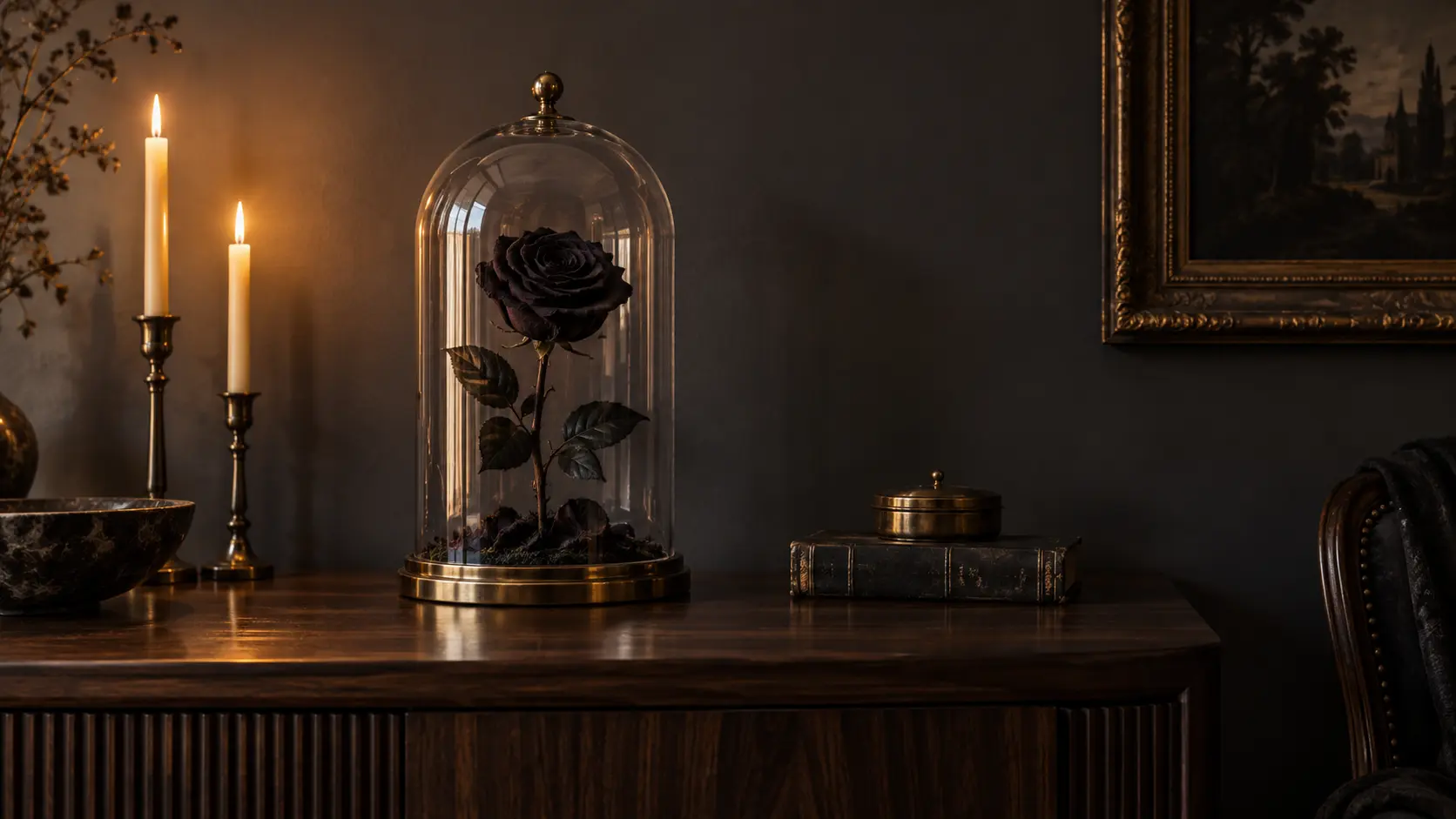 Rose noire sous cloche dans une décoration gothique élégante et sombre