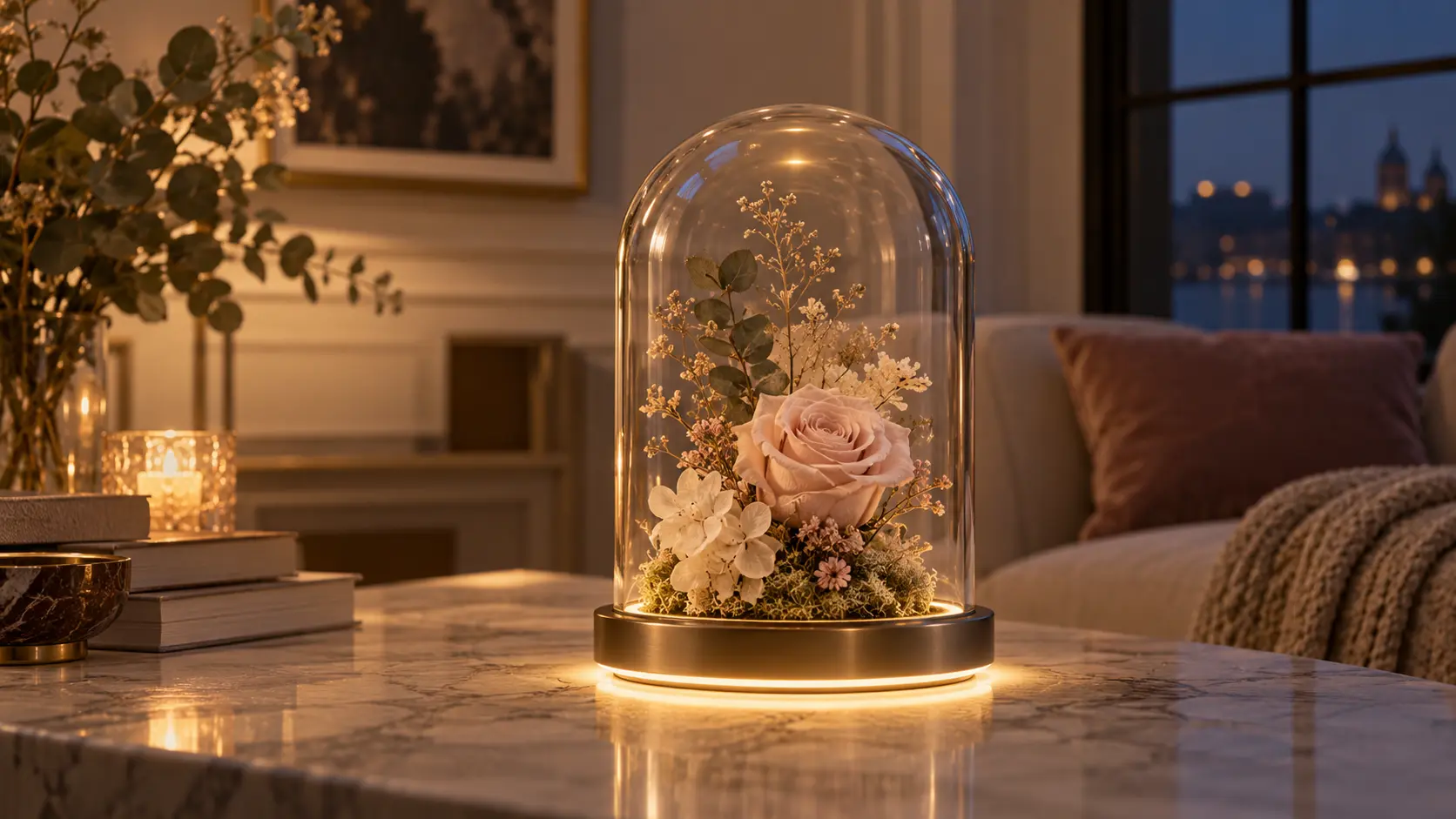 Cloche décorative entourée d’un halo LED chaud