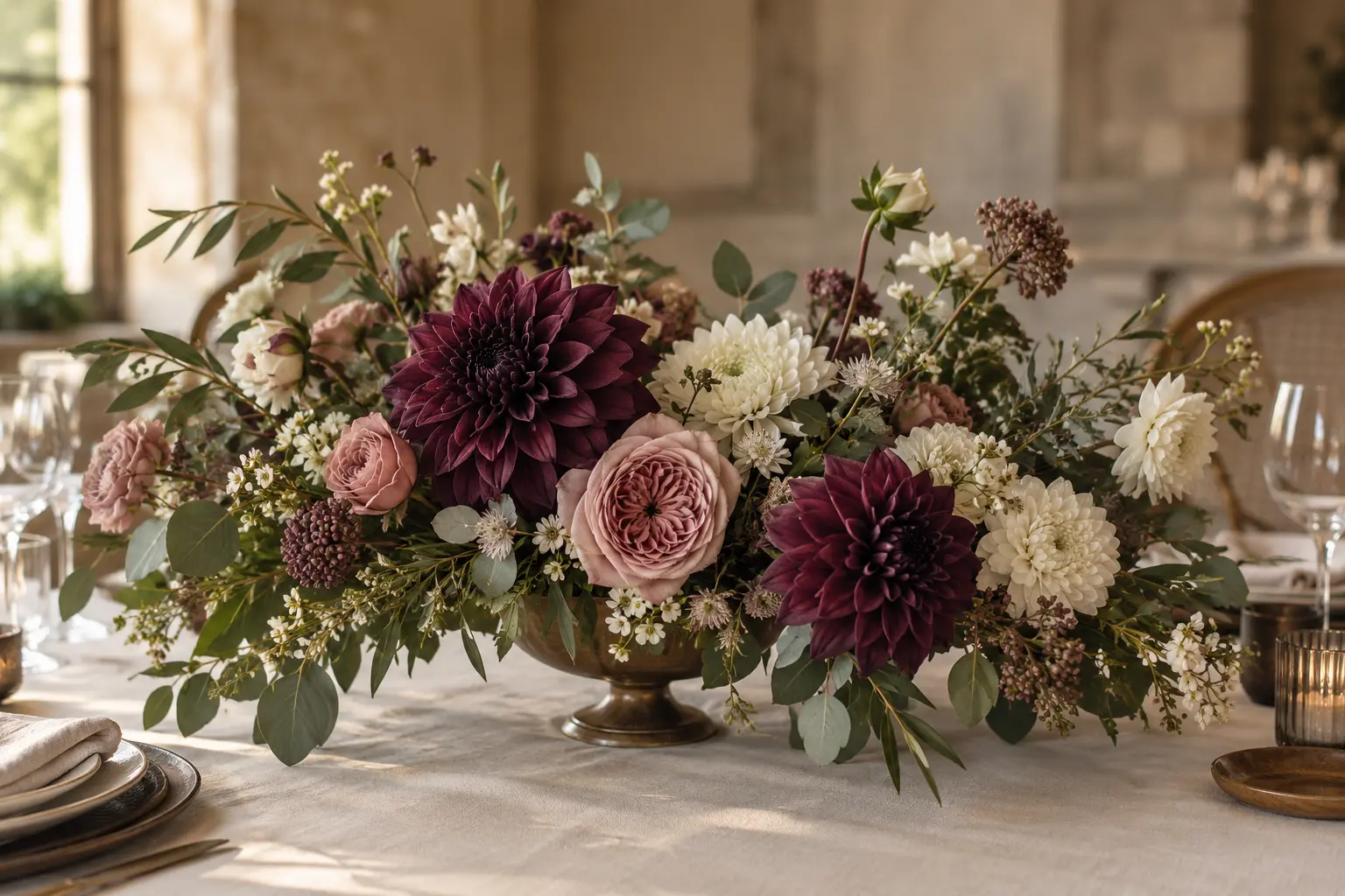 Composition florale de mariage prune, vieux rose, ivoire et vert olive sans orange