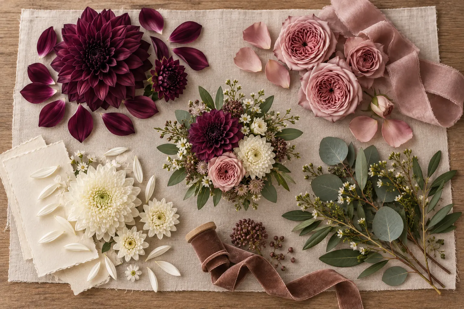 Planche florale prune, vieux rose, ivoire, vert olive et brun rosé pour un mariage d’automne